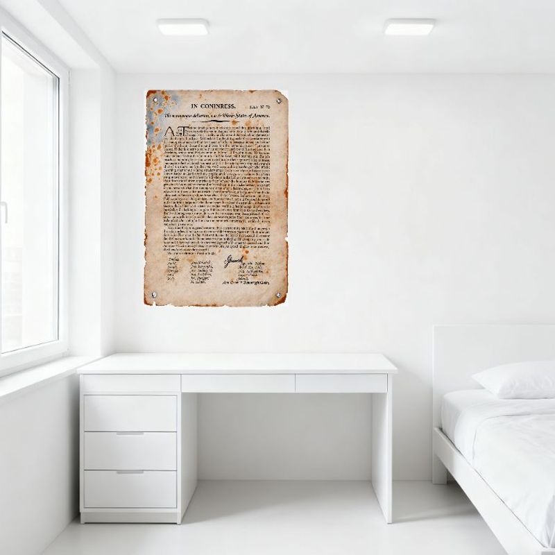 Vintage Amerikanische Revolution Unabhängigkeitserklärung Nachbildung Metallblechschild - Gealtertes vergilbtes Dokument mit handschriftlicher Unterschrift