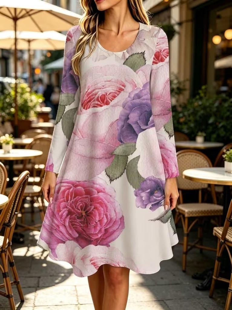 Spring Autumn Women Dress Casual Long Sleeve O-neck 3D Print Loose A-Line Dress Oversized Home Wear Robe