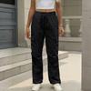 Women's Fashion Solid Color High Waist Drawstring Loose Multi Pocket Strap Casual Pants
