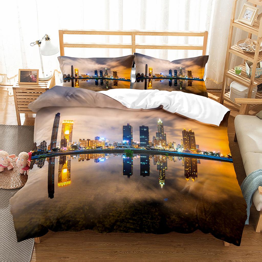 Cityscapes King Queen Duvet Cover Tall Buildings Landscape Bedding Set Busy Traffic View Quilt Cover Polyester Comforter Cover