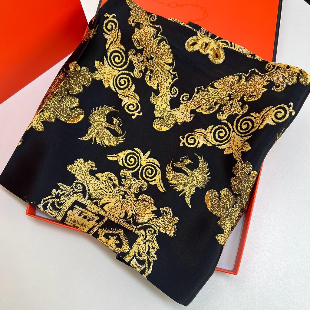 Black Gold Phoenix, Silk Crepe Satin 110 Large Square Scarf Mulberry Silk Silk Scarf Spring And Autumn Shawl Scarf Women