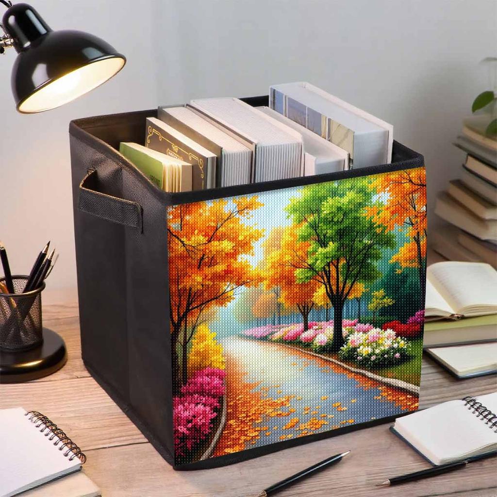 Herbstwind und gefallene Blätter 5D Diamantmalerei Aufbewahrungskorb Vollrunde Bohrmosaik Diamantstickerei Kreuzstich-Sets Heimdekor Heimdekor