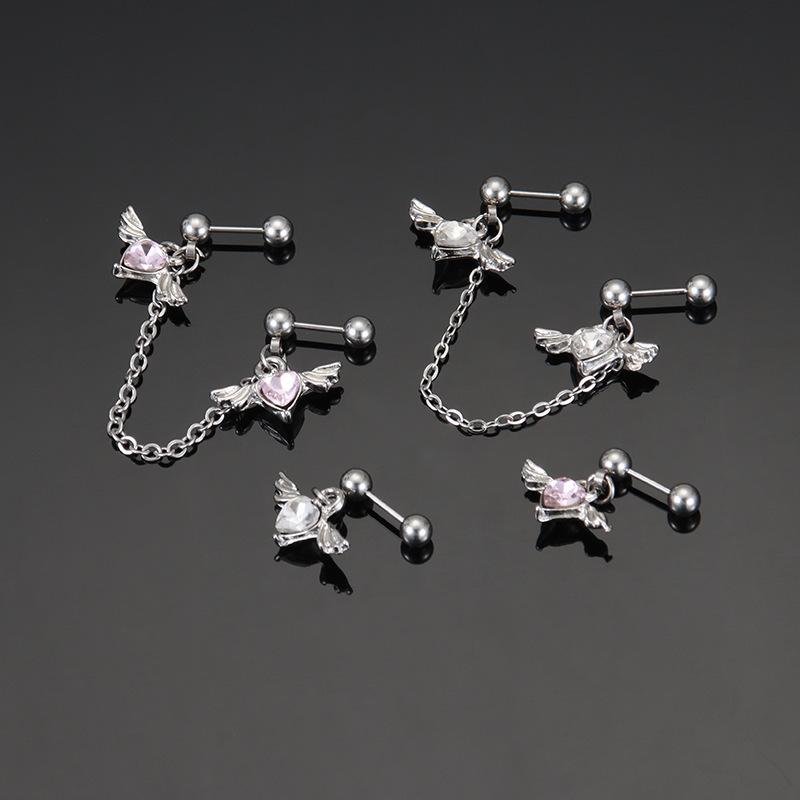 Zircon Heart-shaped Ear Barbell with Sweet and Cool Chain Wings Earrings, Titanium Steel Little Angel Wings Stud Earrings