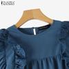 ZANZEA Women Summer Round Neck Layered Ruffle Short Sleeve Lace Blouses