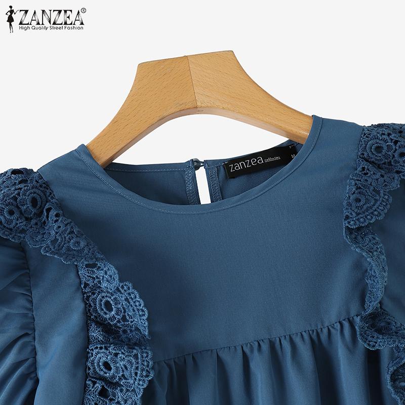 ZANZEA Women Summer Round Neck Layered Ruffle Short Sleeve Lace Blouses