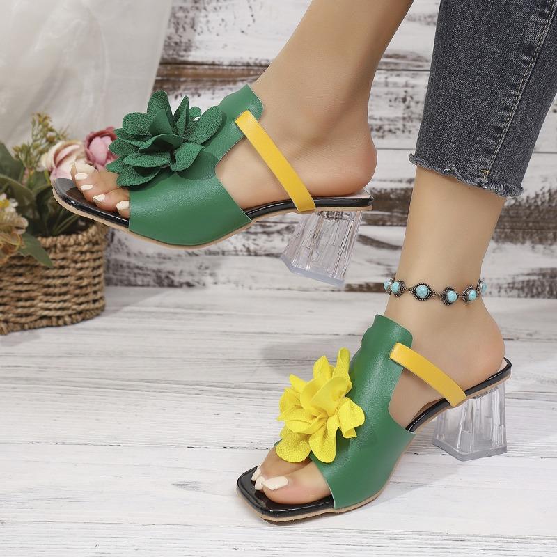 Women S French Style Flower Square Toe Chunky Heel Sandals