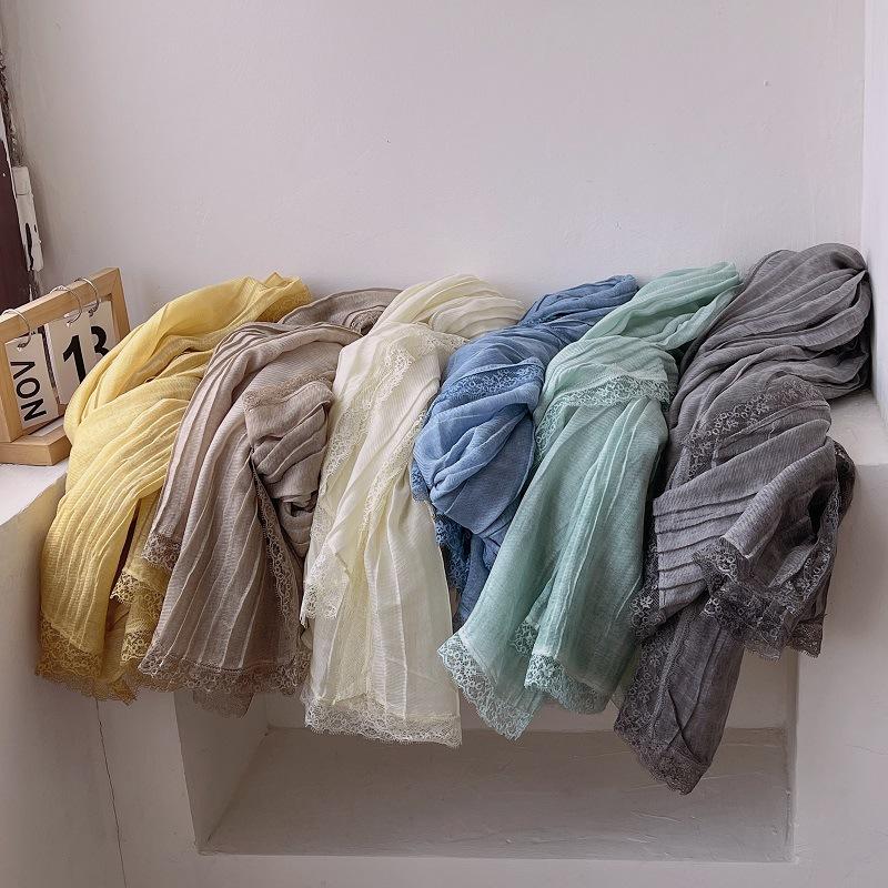 Sanftes Temperament Spitze Plissee Langer Baumwollleinen Schal für Damen Frühling und Herbst Reine Baumwollgaze Schal Sonnenschutz