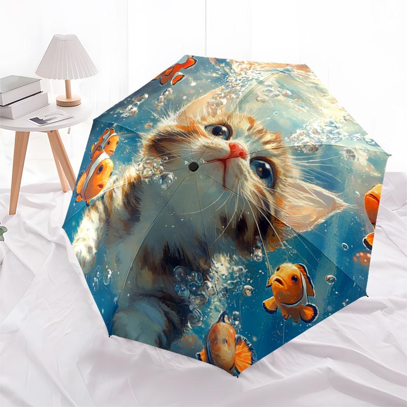 1 PC Automatic Folding Umbrella - Kitten Clownfish Pattern, Portable & Foldable Design with 8 Ribs, Christmas Birthday Gifts