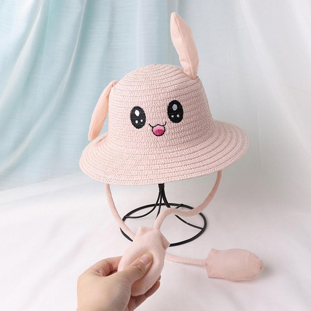 Bunny Straw Hat Caps, Sun Hat, Foldable, with Movable Ears, Beach Hats, Fishing Hats