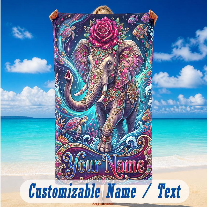Elephant Theme Beach Towel Personalized Custom Name & Text Soft Quick Dry Beach Towel for Swimming Travel