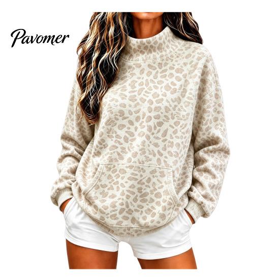 Warm Fall Clothing Women Leopard Print Sweatshirt, Mock Neck Long Sleeve Pullover with Sweatshirt Kangaroo Pocket, Drop Shoulder Casual Top for Winter
