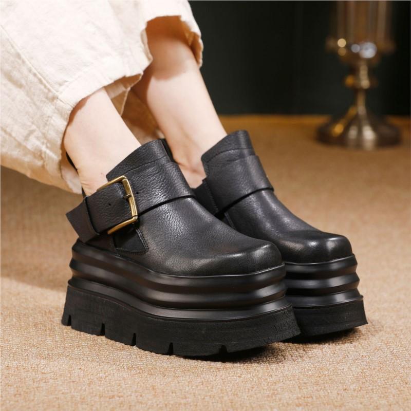 Johnature Platform Shoes Vintage Genuine Leather High Heels Women's Shoes Lightweight Height Increasing Shoes