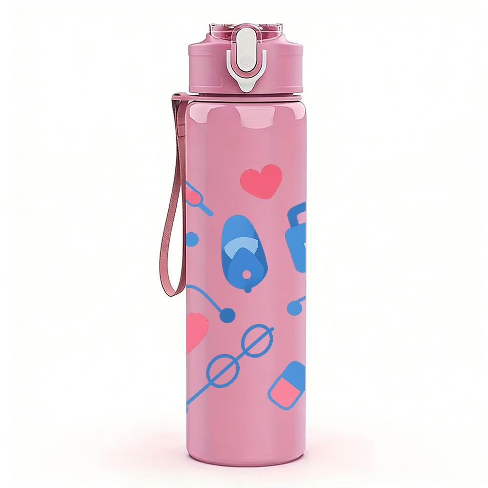 1PC Medical Stethoscope Heart Icon Print 750ml Color Plastic Sports Water Bottle Leakproof Flip Straw Lid Suitable for Sports Office Home Use