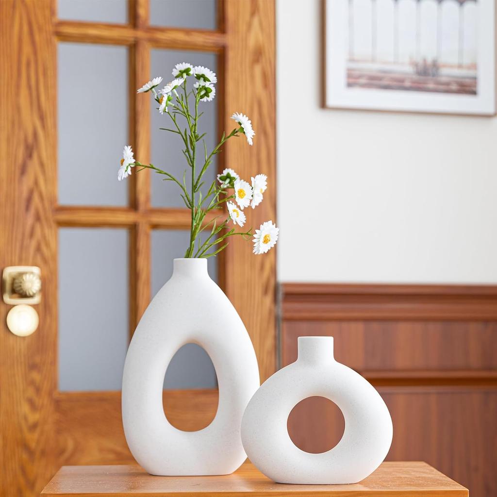 White Ceramic Vase Set of 2 for Home Decor, Round Matte Donut Vases for Pampas Grass, Nordic Style Flower Vases for Living Room Table Office Bedroom