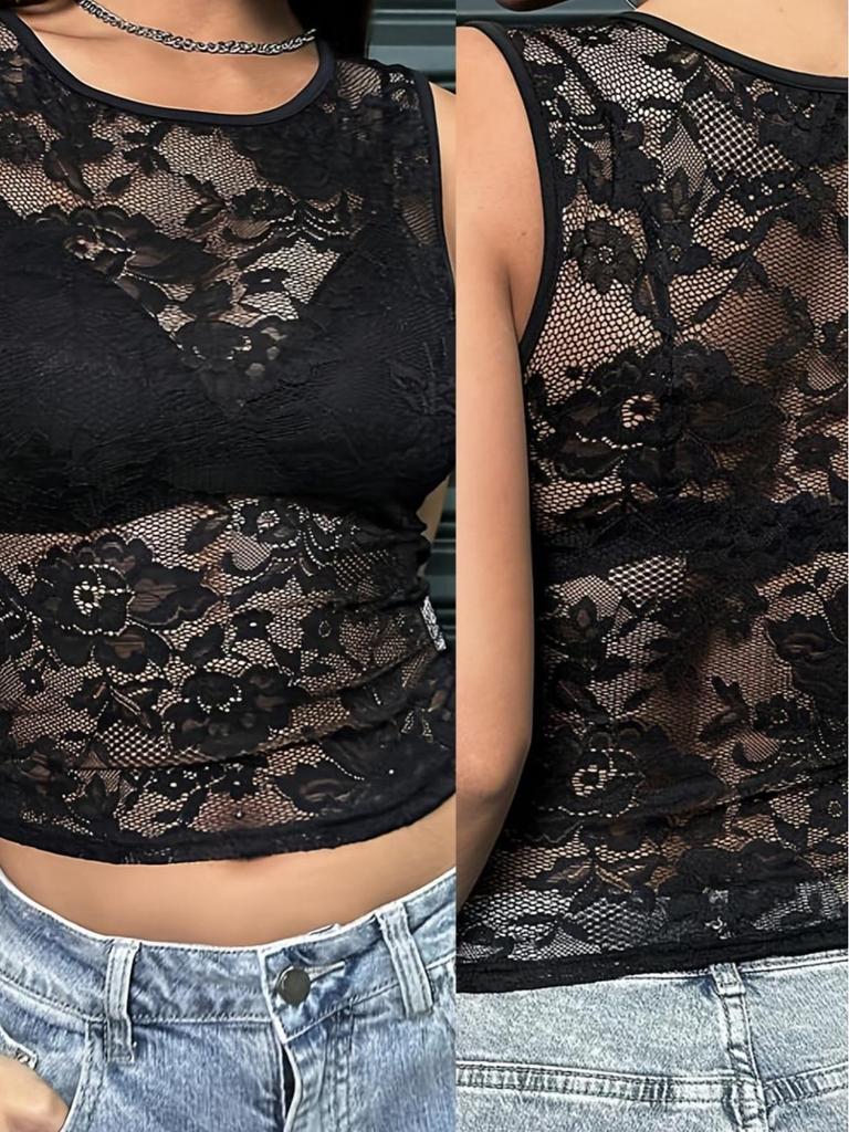 Frühlings-Französische Spitze Ärmelloses Slim-Fit Netzoberteil