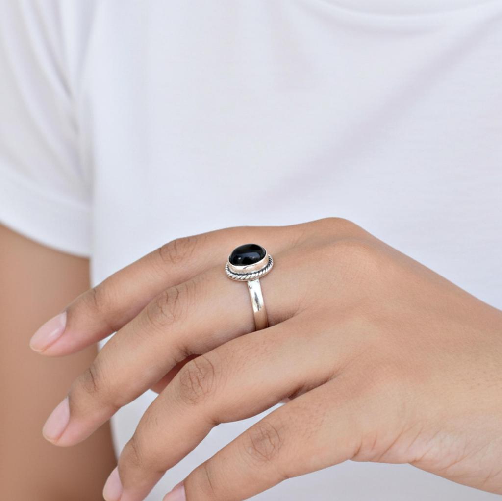 Black Onyx Rope Bazel Oval Statement Ring, 925 Solid Sterling Silver, Minimalist Everyday Wear Ring