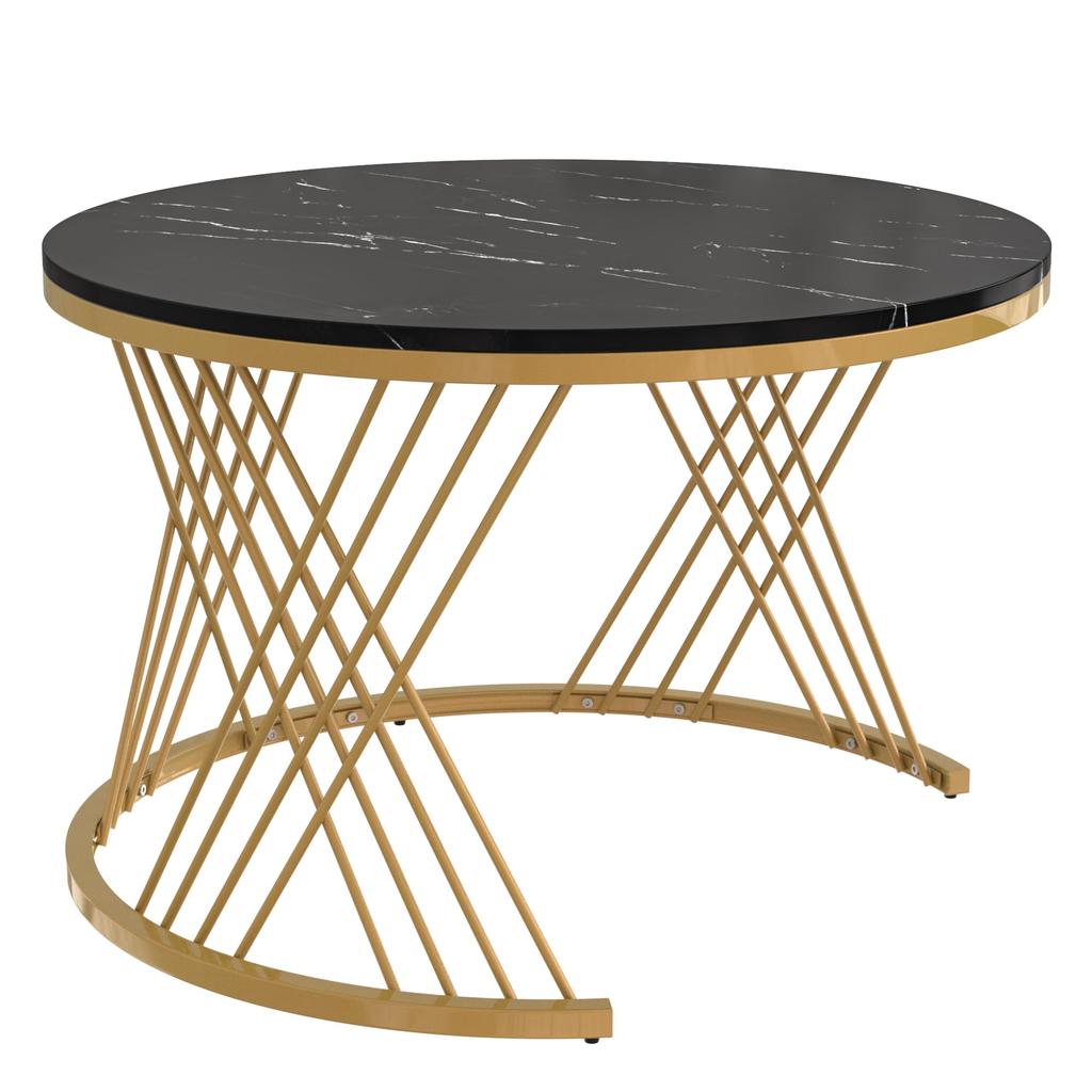 Couchtisch 2er Set, Rund Wohnzimmertisch mit Marmor Furnier, Coffee Table aus Holz mit Schublade, Metallgestell, Schwarz und Gold