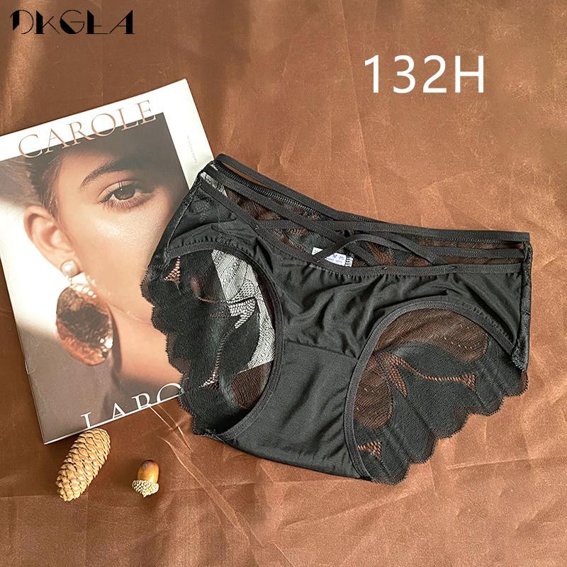 DKGEA 3 szt. Czarna seksowna bielizna damska majtki ze średnim stanem koronkowe figi przezroczyste kalesony