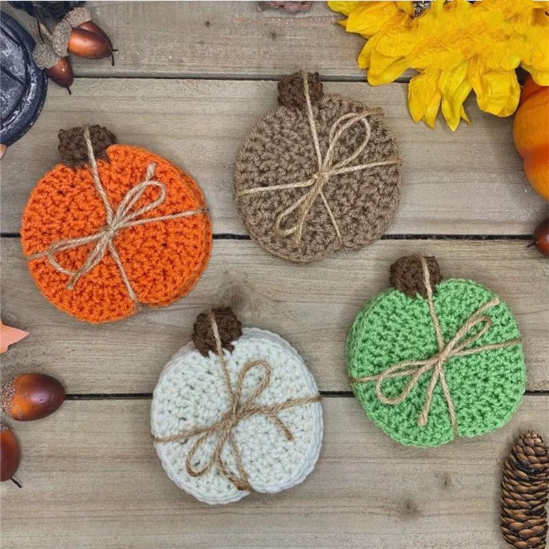 1PC Insulation pad pure hand-crocheted pumpkin coaster Halloween atmosphere cute placemat