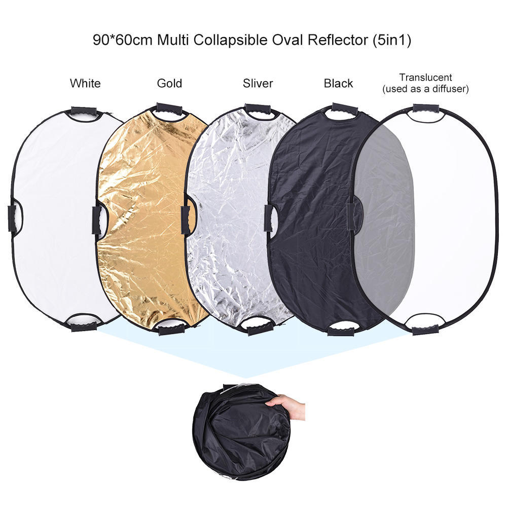 Andoer 90*60cm Portable Handheld Oval Collapsible 5in1 Multi Reflector with Gold Sliver White Black Translucent Colors