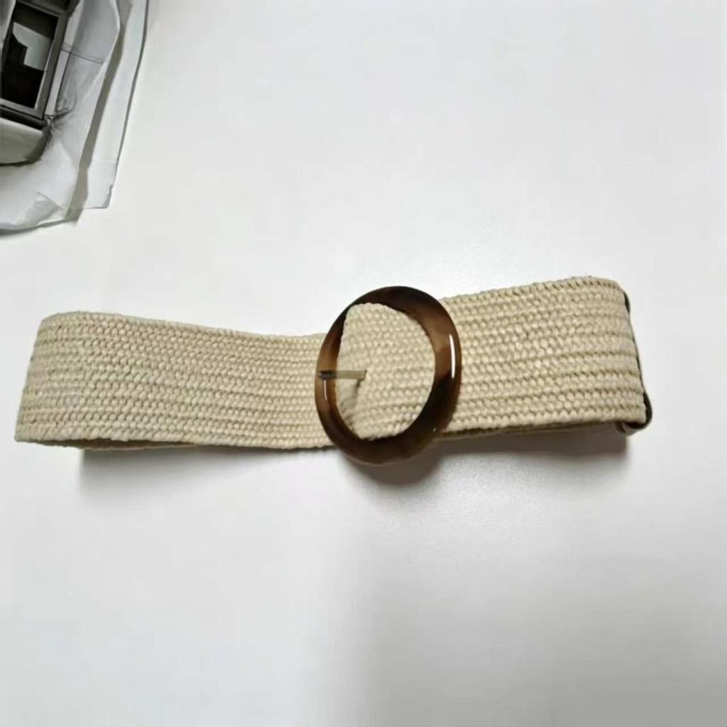 Women's Natural Straw Weave Belt with Resin Buckle - Stylish Woven Waistband Accessory