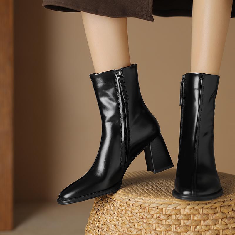 Fashion 2024 Autumn/Winter Women Boots Square Toe High Heel Shoes for Women Leather Boots Women Handemade Shoes Mid-calf Ladies Shoes