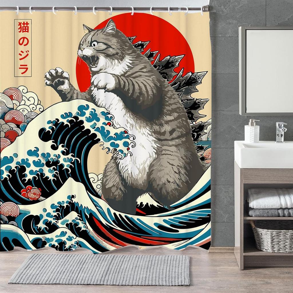 Japanese Cat Shower Curtain, Vintage Anime Sunset Wave Art, Waterproof Fabric With Hooks