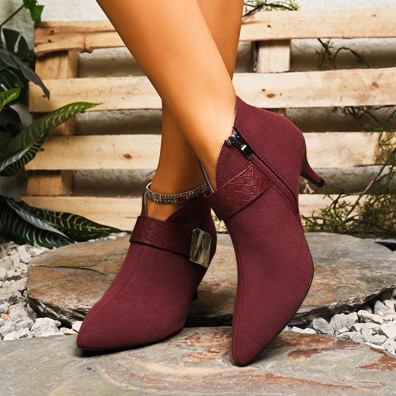 Fashion 2025 French Cat Heel Pointed Toe Women's Metal Buckle Naked Boots Vintage Scrub Booties