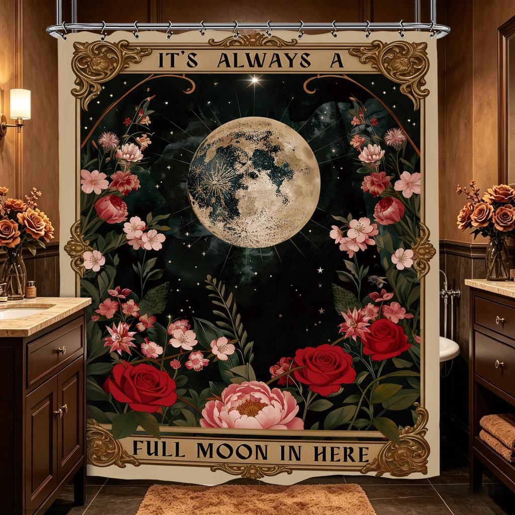 Vintage Dark Green Forest Bathroom Shower Curtain Night Moon Landscape Nature Mystical Midnight Polyester Fabric 12 Plastic