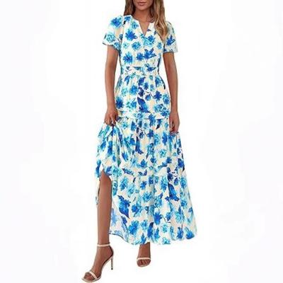 Women's V-neck Pleated Bohemian Floral Short-sleeved Dress