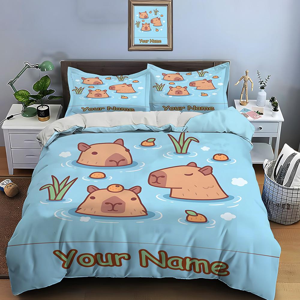 Comforter Personalization Custom Name Cartoon Capybara Print 3 Pieces Setting Bed King Size Bedroom Bed Set Gifts