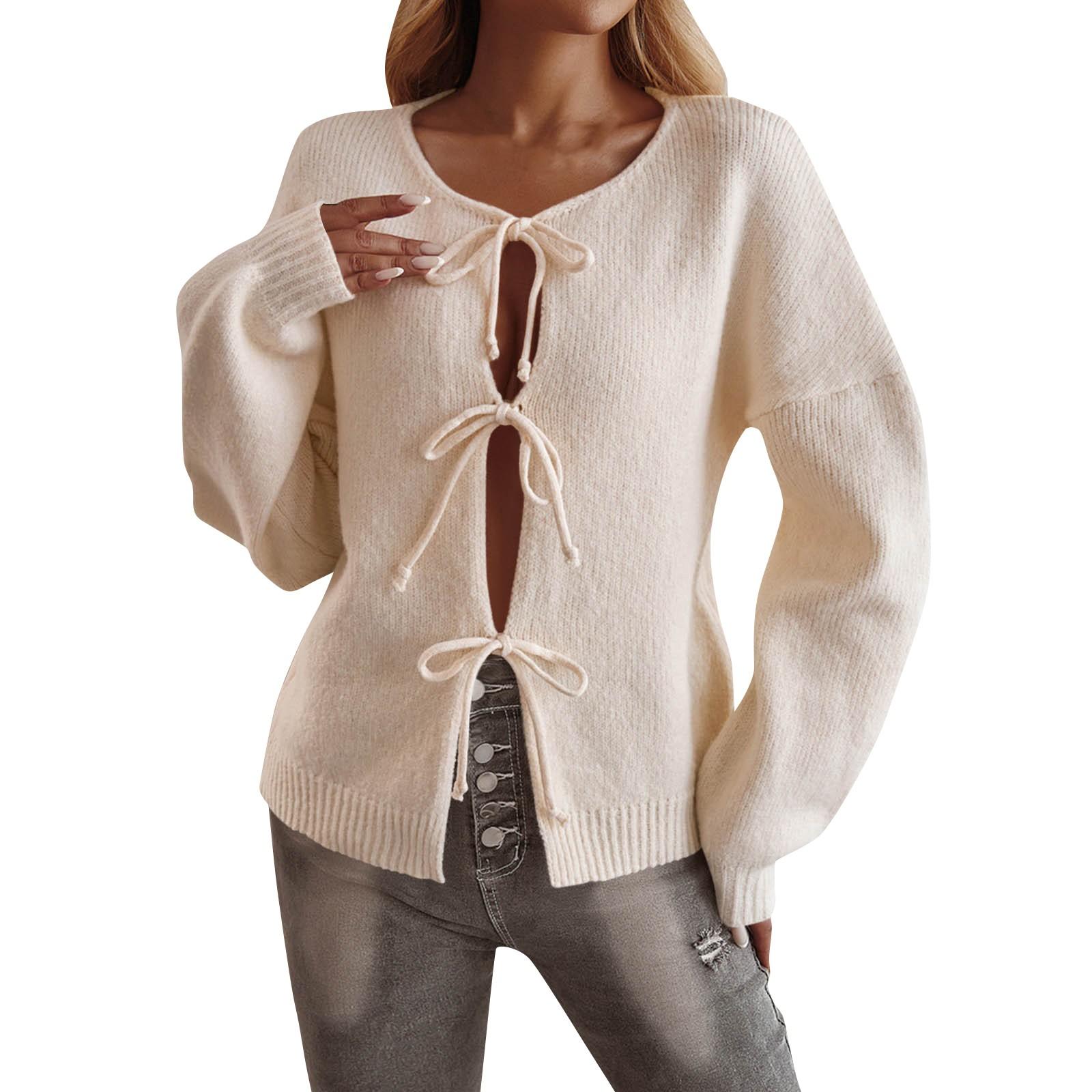 

Женский повседневный свободный кардиган на шнуровке, однотонный свитер M бежевый