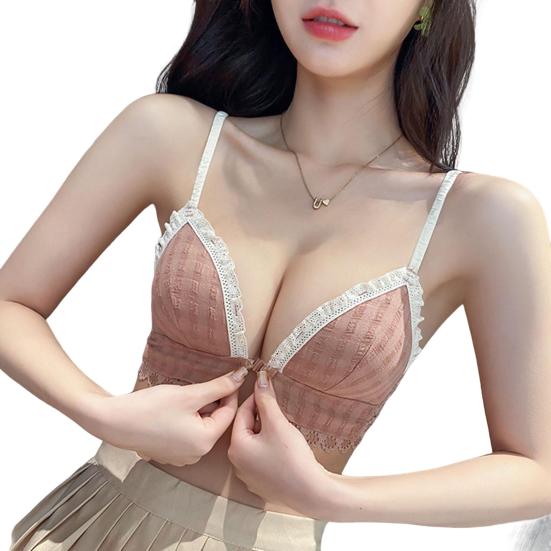 

Женский бюстгальтер с застежкой спереди, кружевной отделкой, тонкими треугольными чашками, пуш-ап, без стального кольца 38 розовый