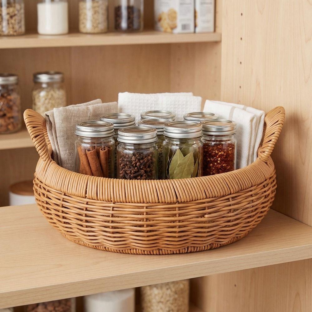 Handmade Round Rattan Storage Tray Large Capacity Dry Fruit Storage Tray  Bedroom