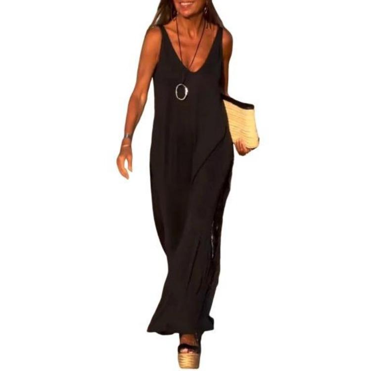 

Summer Vacation Beach Dress Women Loose Casual Maxi Sleeveless V Neck Cami Sundress Split Travel Outfit XXXL чорний