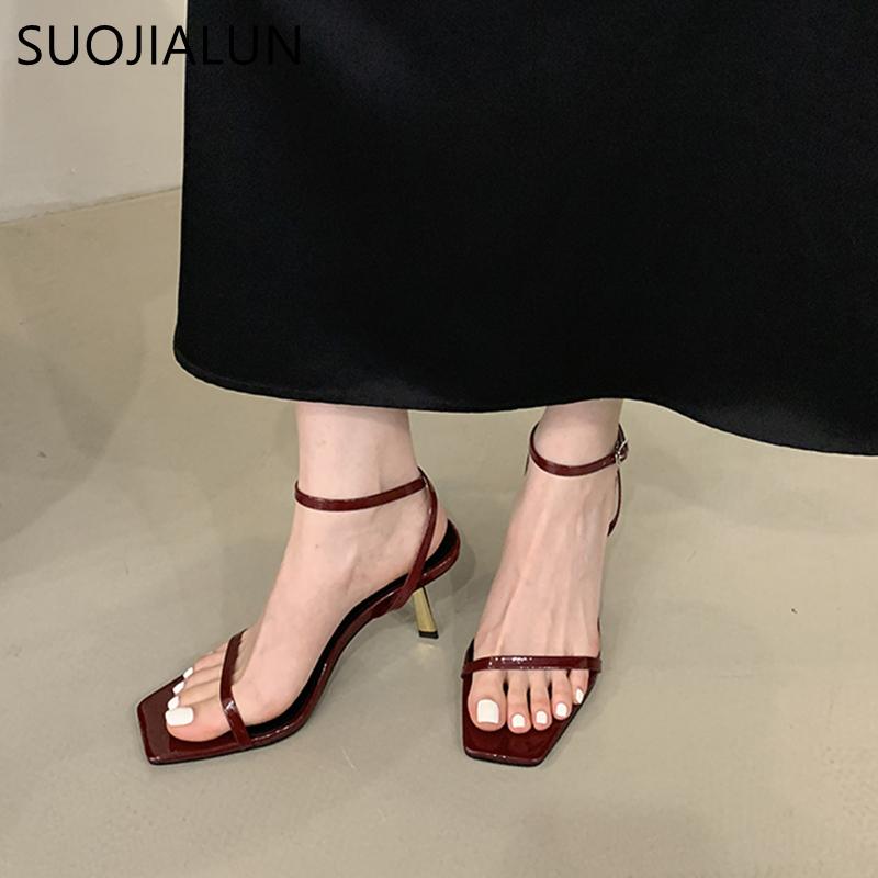 Fashion SUOJIALUN 2025 Summer New Brand Women Sandal Shoes Fashion Narrow Band Gladiator Shoes Thin High Heel Outdoor Dress Pumps Slide