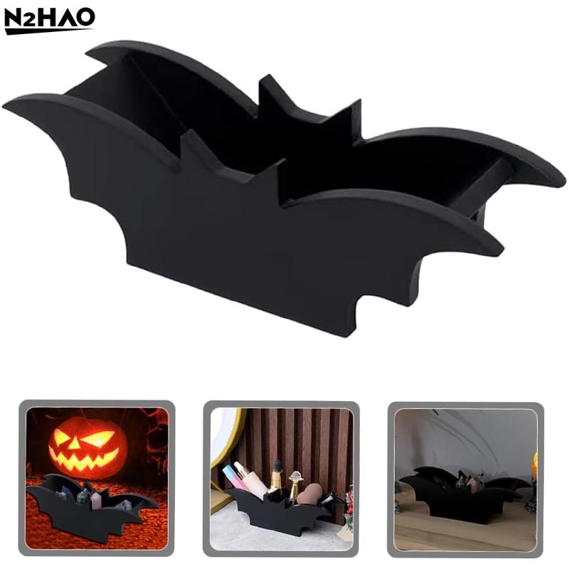 1PC Halloween Bat Makeup Brush Holder Gothic Wooden Storage Box Crystal Display Holder Cosmetics Jewelry Storage Tray Home Party