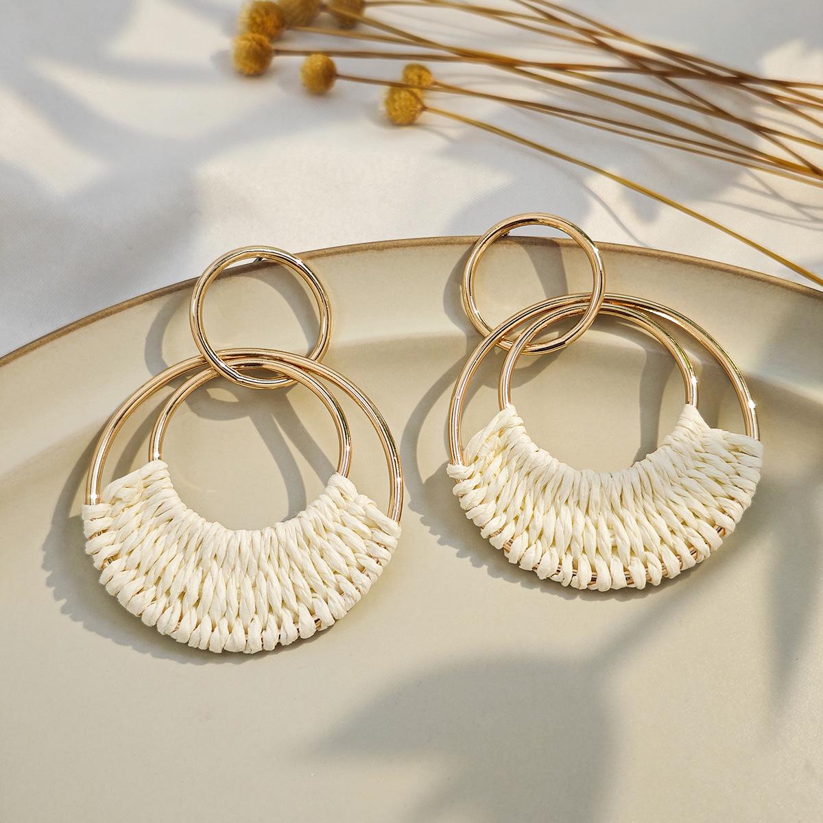 Bohemian Retro Round Geometric Hollow Rattan Earrings for Women