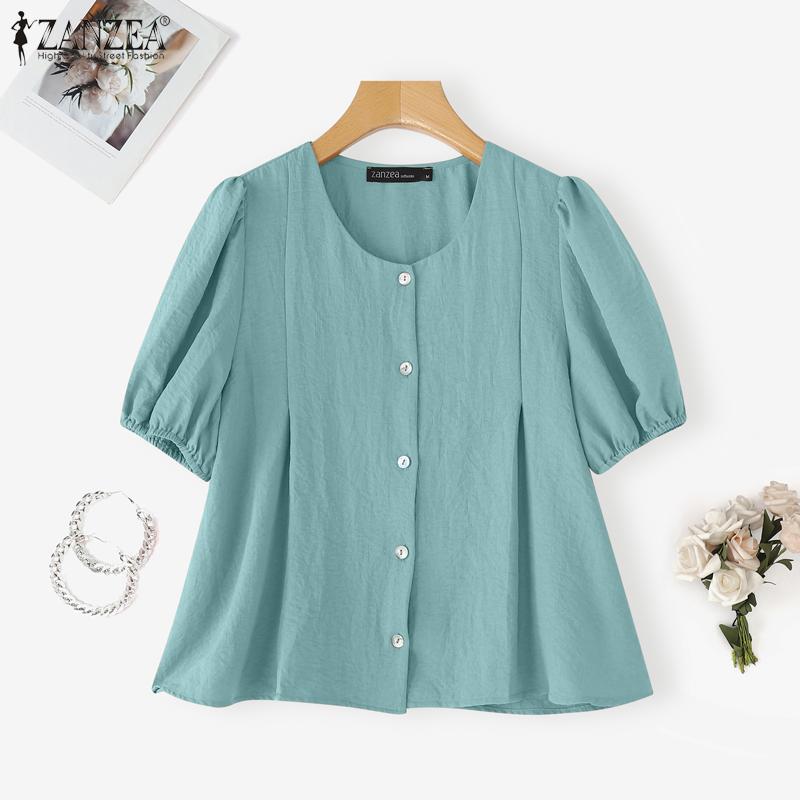 

ZANZEA Элегантная женская блузка с круглым вырезом, рукавами-буфами и застежкой на пуговицы 5XL синий