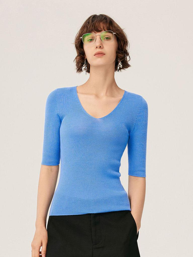 Autumn/Winter 100% Wool V-Neck Sweater Dress with Five-Quarter Sleeves
