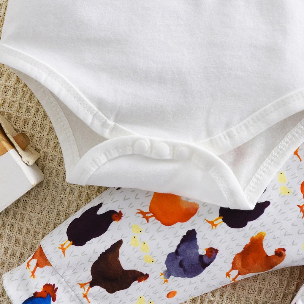 Baby Cute Alphabet Short Sleeve Cotton Bodysuit With Chick Print Pants and Hat Outfit Set