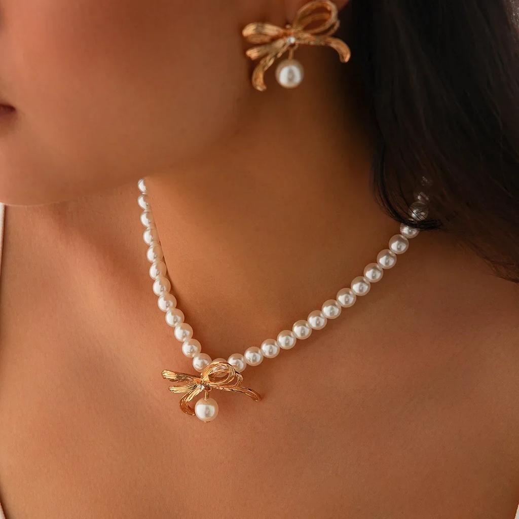 Simulation Pearl Bow Choker for Women Bowknot Necklace Earrings Wedding Jewelry Accessories