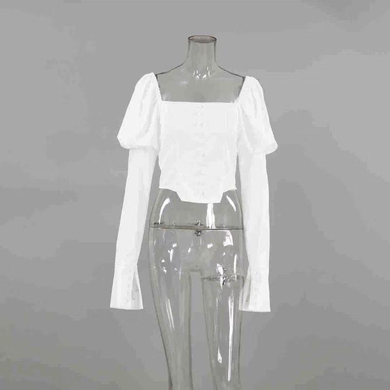 

French Fashion Satin Square Collar Short Temperamental Shirt Square Neck Bubble Sleeve Shirt White S