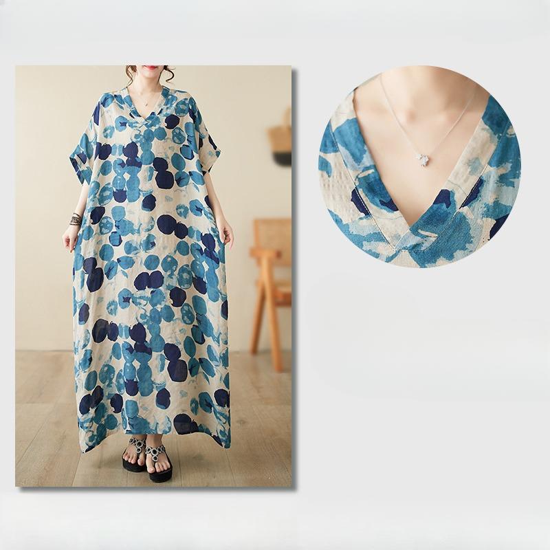 Sommer V-Ausschnitt Dünn Baumwolle Leinen Übergröße Locker Literarischer Urlaubsstil Strandkleid Retro Lange Kleider