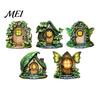 Wooden Crafts Decoration Fairy Garden Decoration, Tree Hollow Cottage Door with High-Definition Elf Light UV Printing, Waterproof Acrylic Outdoor
