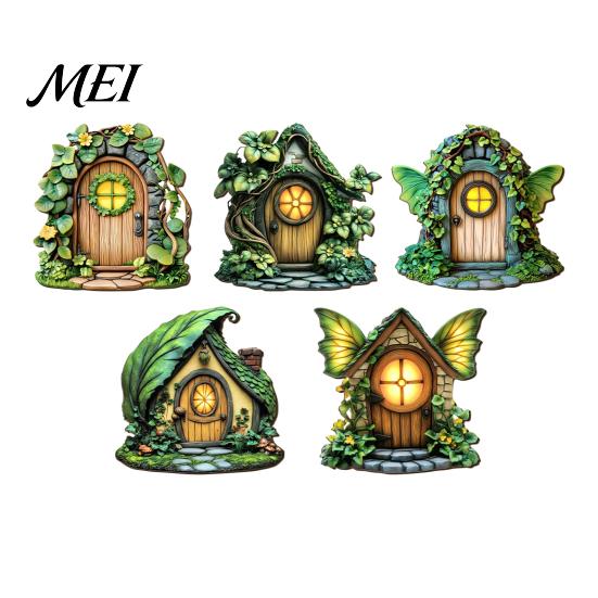 Wooden Crafts Decoration Fairy Garden Decoration, Tree Hollow Cottage Door with High-Definition Elf Light UV Printing, Waterproof Acrylic Outdoor