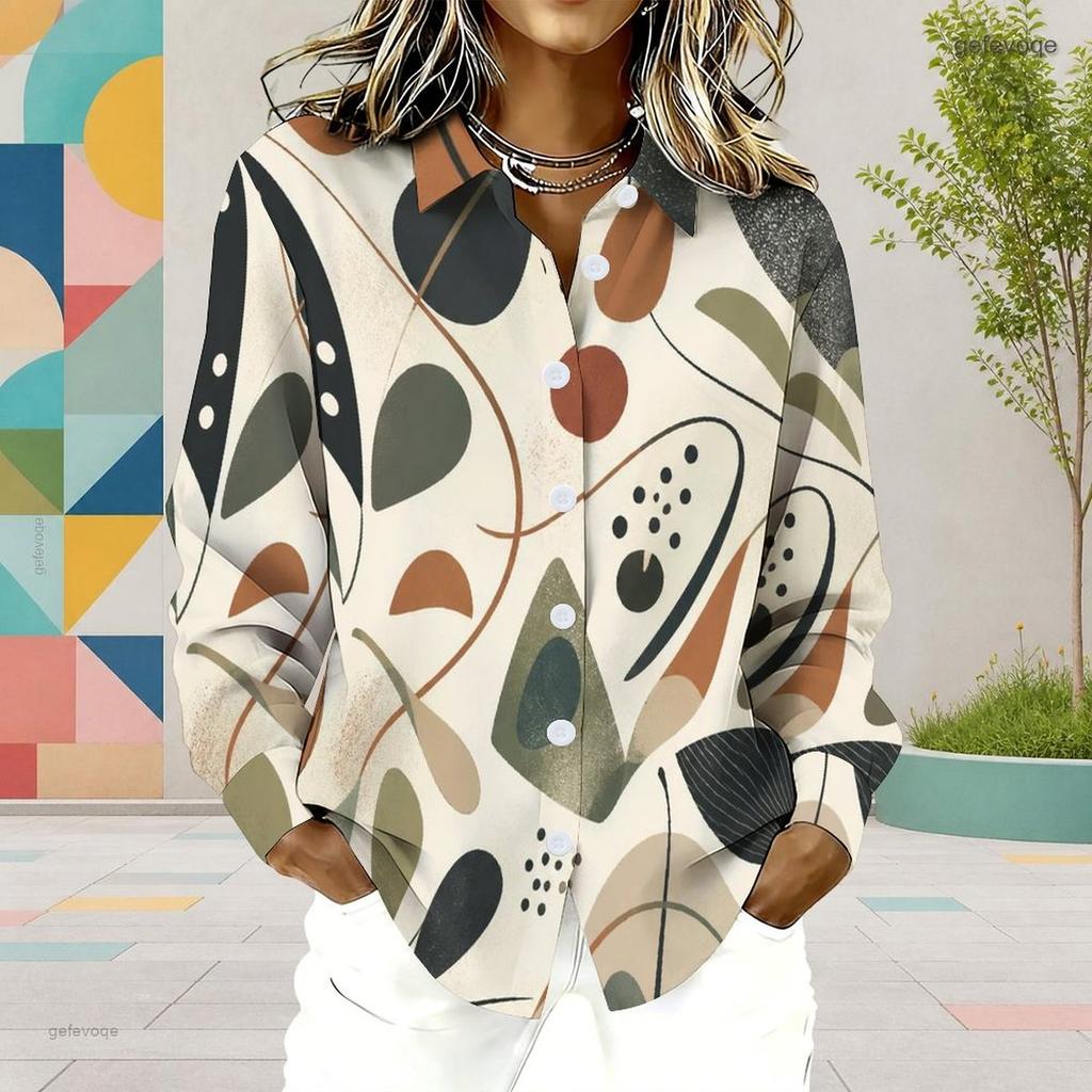 Women Plus Size Collared Long Sleeve Geometric Printed Button Front Shirt