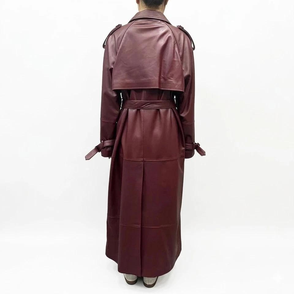 Casaco Trench Coat Elegante Feminino Cor Vinho Pele de Cordeiro Genuína Roupa de Festa Ajuste Feito à Mão