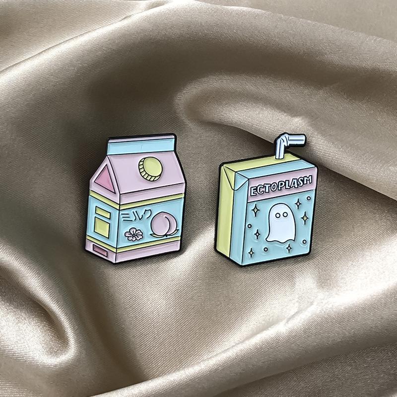 Trendy Box Milk Drink Style Brooch With Adorable Cat Graphic And Alphabetic Motifs