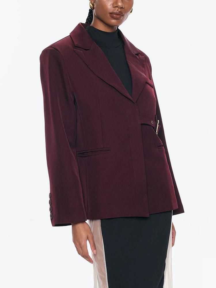 2026 Spring Angora Red Women's Blazer - European & American Luxury Design with Irregular Waist-Cinching